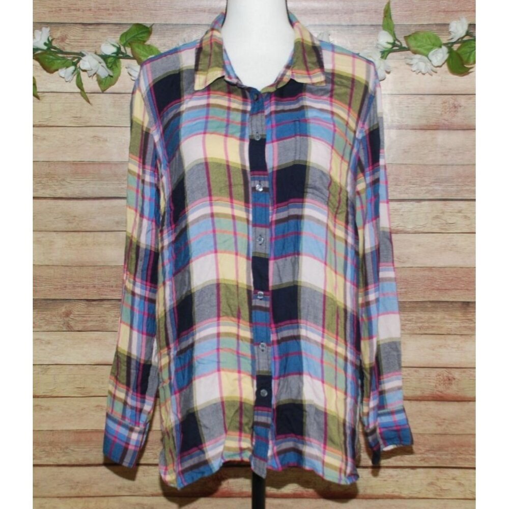 Talbots Ladies Soft Colorful Plaid Button Up Blouse Shirt Size XL Split Back